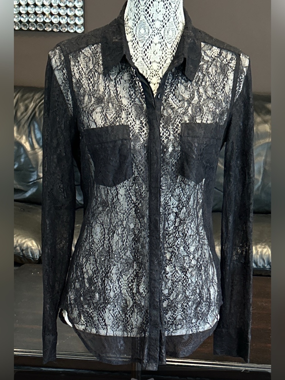 Guess Black Sheer Lace Button-Up Blouse